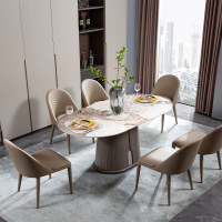 桌面与桌腿同心圆的设计寓意“团圆”“同心 潘多拉亮光岩板,时尚、大气、上档次;耐磨、耐刮,耐高温。