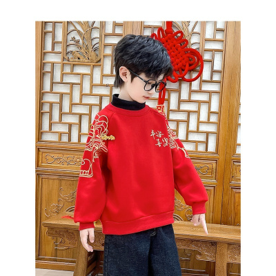 2024龙年拜年服细绒卫衣红色儿童加绒冬装中国风过年新年衣服套装毛衣