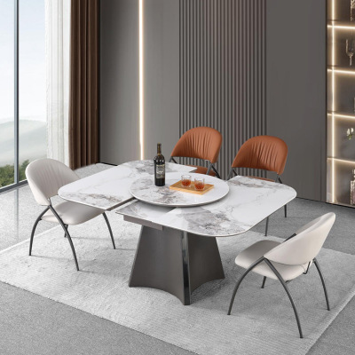 意式轻奢潘多拉亮光岩板餐桌长方形家用新款高端可伸缩奢石餐桌椅组合家具
