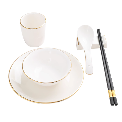 橙亿鸿 纯白陶瓷碗金边摆台餐具盘碗勺茶杯筷架筷子 六件套/件