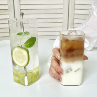 三维工匠夏季冷饮杯长方形玻璃杯子家用喝水杯透明ins风咖啡牛奶杯四方杯