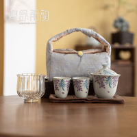 三维工匠手绘紫藤盖碗釉下彩功夫茶具不烫手家用组合旅行茶具织锦布包套装