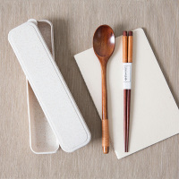 三维工匠便携式外带木质勺子筷子收纳盒 三件套家用长柄小汤勺餐具盒套装J