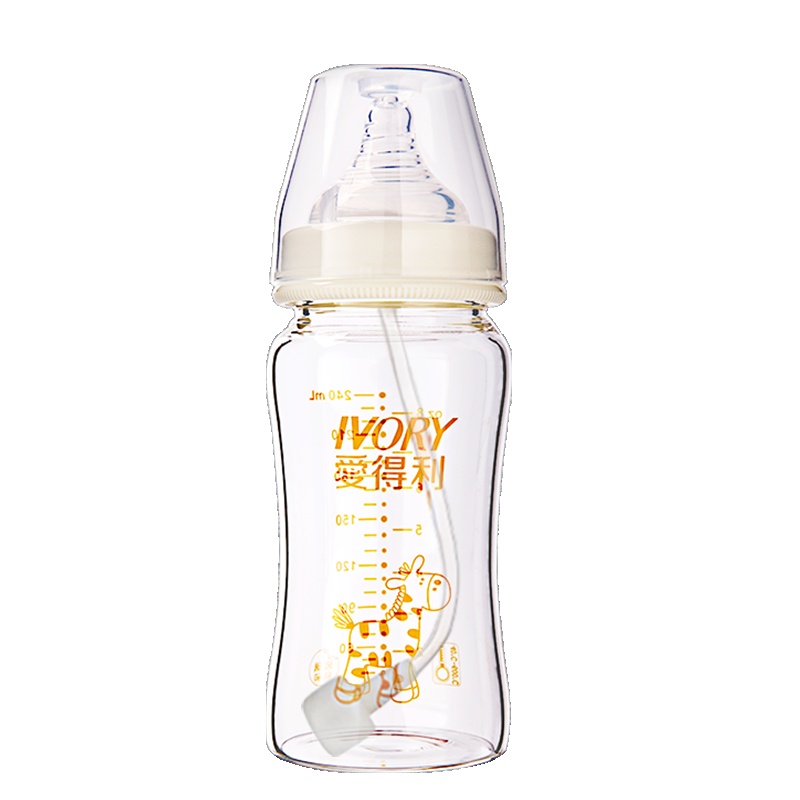 爱得利玻璃奶瓶不带吸管晶钻奶瓶宽口径宝宝奶瓶240mL