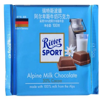 瑞特斯波德RitterSport阿尔卑斯牛奶巧克力100g/块 德国进口巧克力办公休闲零食婚庆喜糖送女友