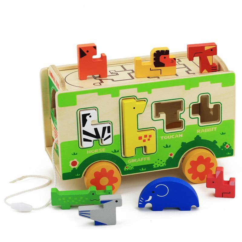 木玩世家比好动物巴士拖拉形状分类玩具木制色彩形状认知玩具