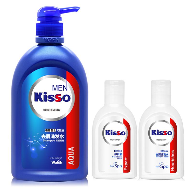 [苏宁易购超市]kisso极是男士无硅油去屑洗发水保湿黑亮600ml+旅行套装威露士出品