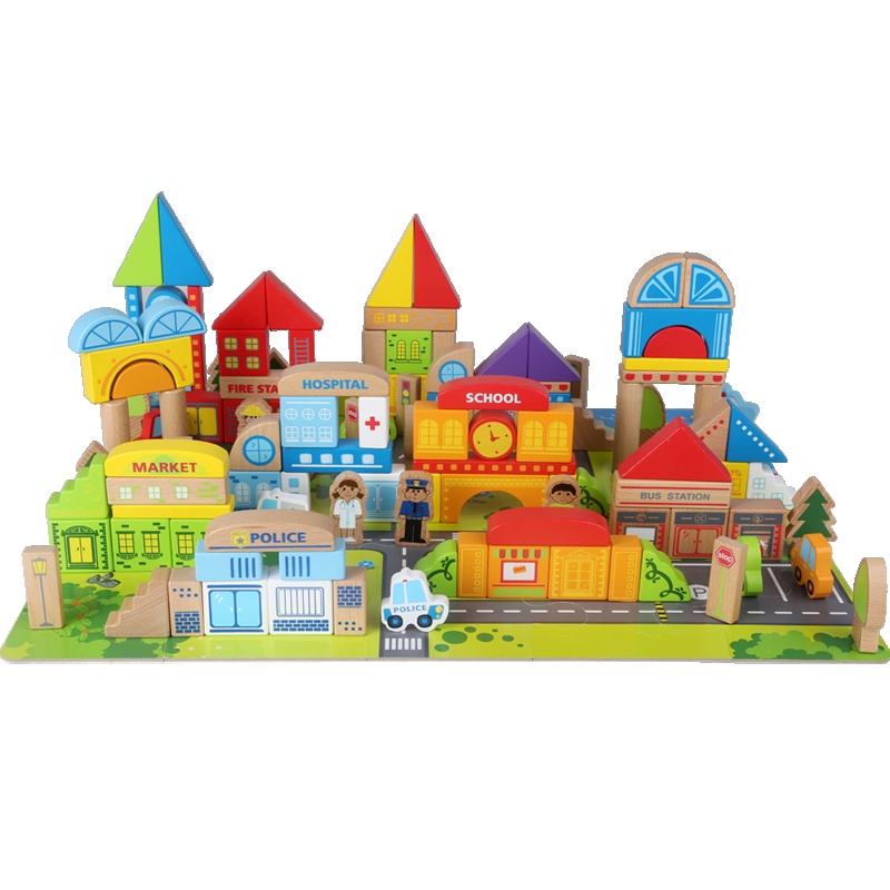 Hape125块城镇情景积木1-6岁宝宝儿童益智创意拼搭积木玩具木质男孩女孩玩具