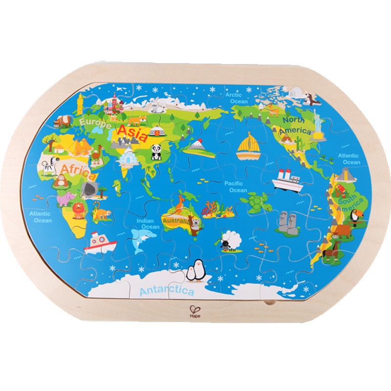 Hape世界地图拼图环球之旅3-6岁儿童木制宝宝益智玩具立体木质早教认知拼插玩具