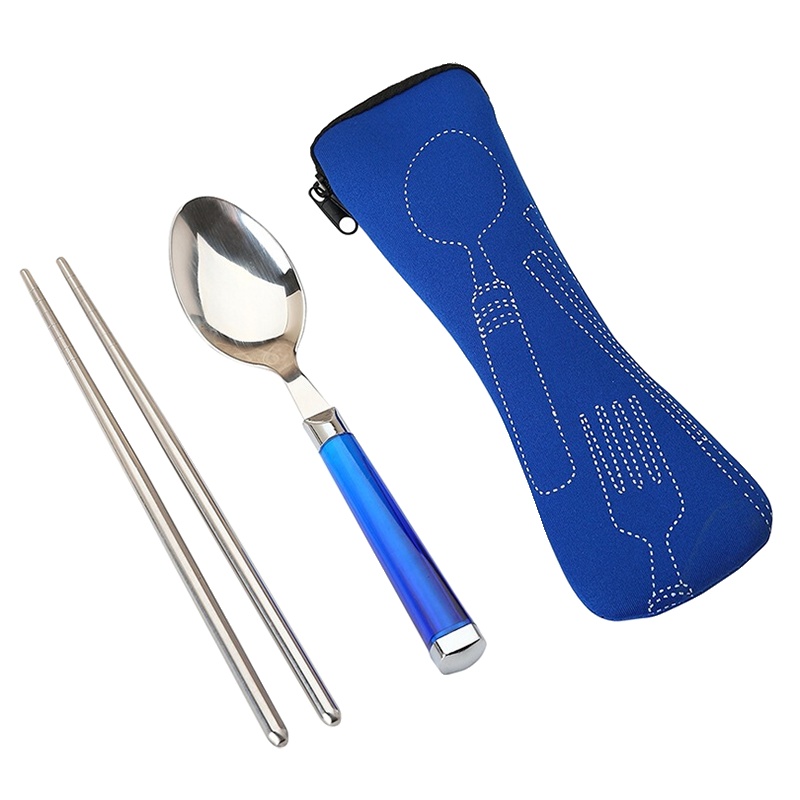 美厨 不锈钢勺子 筷子 炫彩餐具三件套 折叠餐具(蓝色)MCXC-5