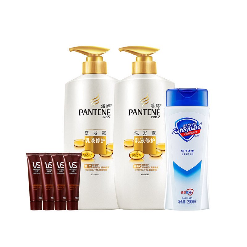 潘婷PANTENE乳液修护洗发水750ML*2+潘婷乳液修护润发精华素80ML*4+舒肤佳纯白清香型沐浴露200毫升