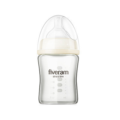 五羊(fiveram)孩子宝晶钻玻璃宽口径奶瓶180ml 米黄[苏宁自营]