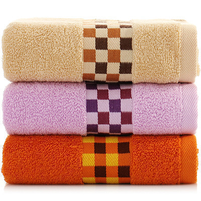 三利 纯棉素调格子缎档毛巾3条装 洗脸面巾 34×74cm 麦麸色、红啡色、浅紫色