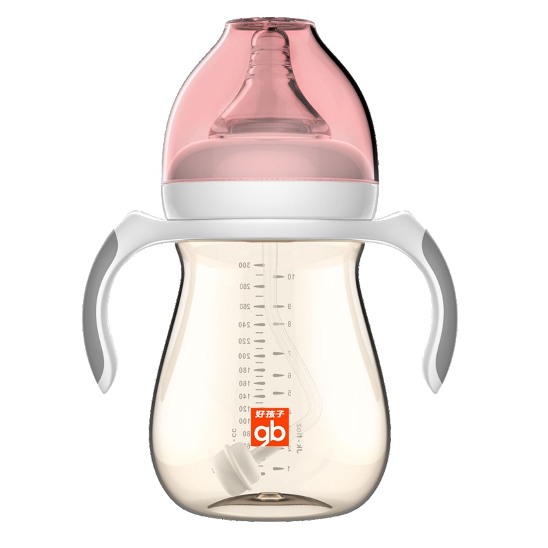 好孩子(gb)母乳实感宽口径握把吸管PPSU奶瓶300ml-粉红(小饿魔系列) B80376