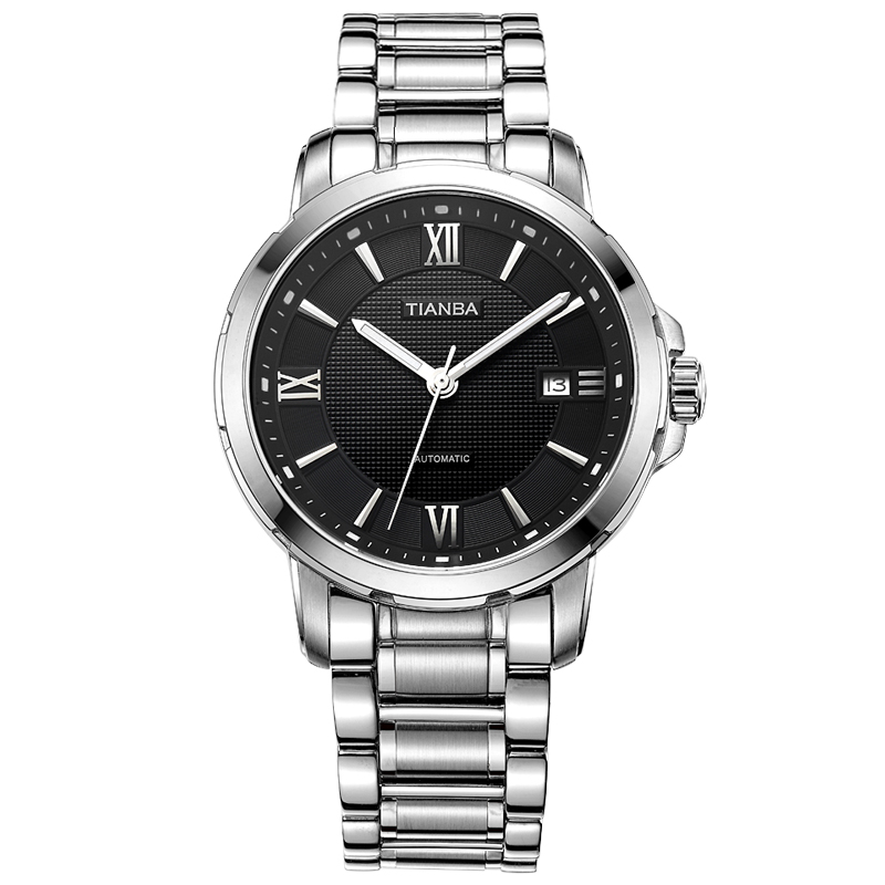 天霸(TIANBA)手表男士手表自动机械手表带日历防水钢带手表男TM6005.01SS黑色