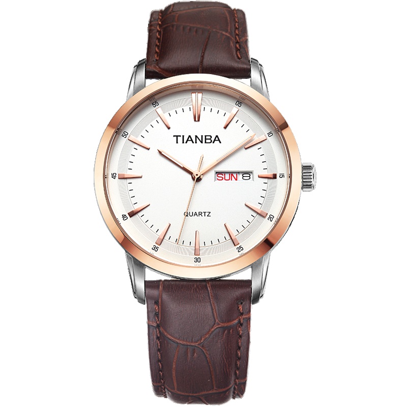天霸(TIANBA)手表 商务休闲皮带款双历男士手表 时尚情侣手表 石英表 男TM7019.02PC 白色