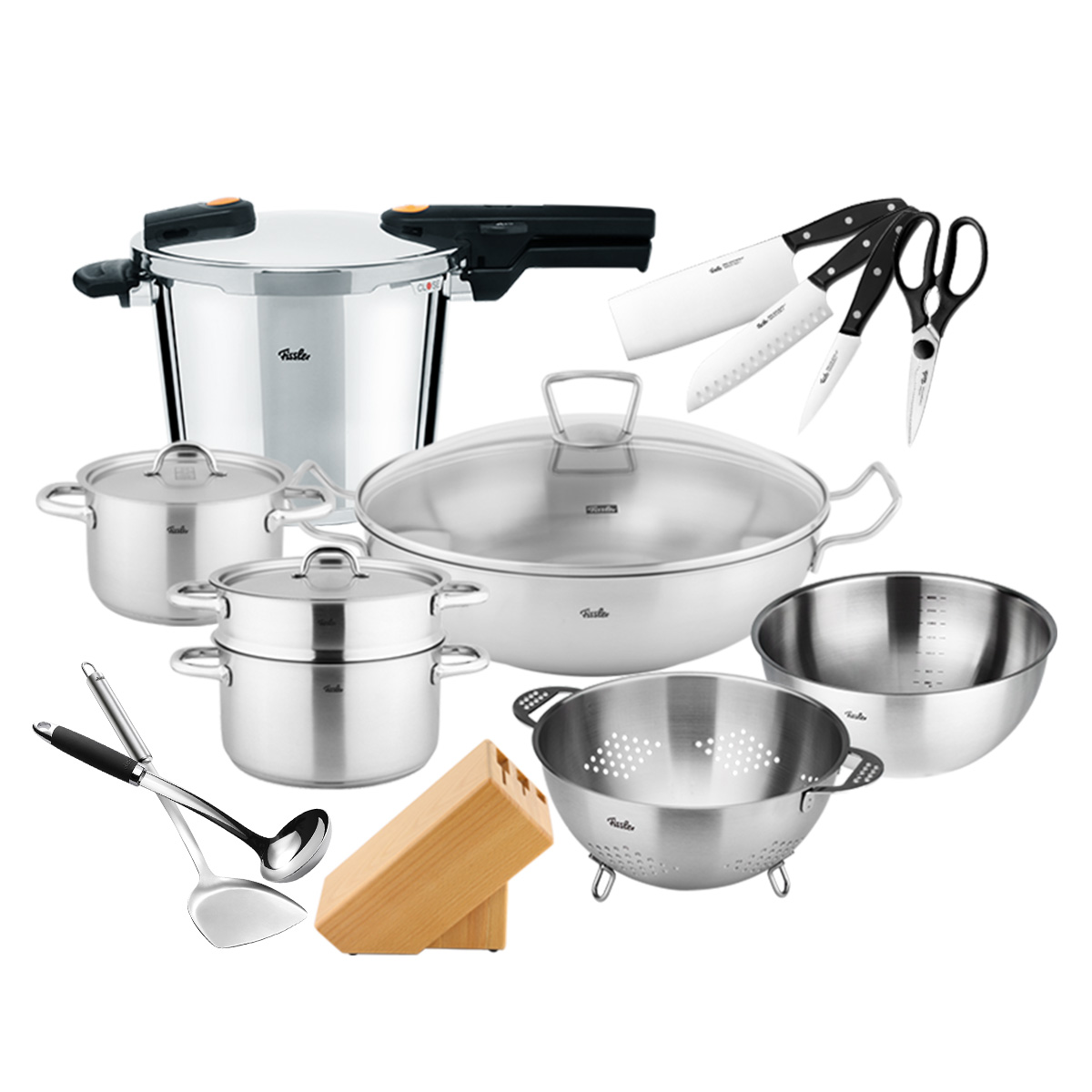 菲仕乐(fissler)锅具套装 TZ00000870 橙色沸点6L高压锅压力锅不锈钢炒锅汤锅刀具厨房配件全家福14件组