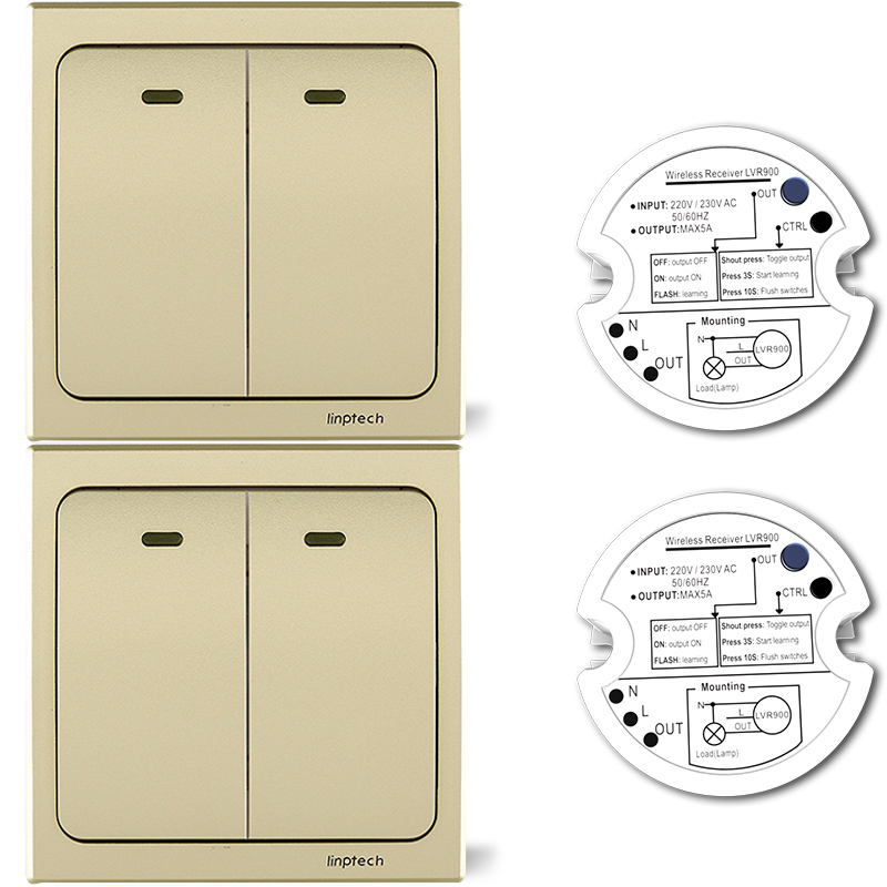 领普科技(linptech)智能开关自发电免布线 K2双开双控无线遥控开关套装 香槟金色