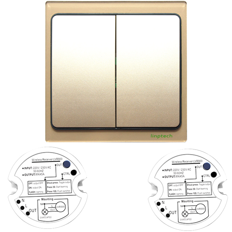 领普科技(linptech)智能开关自发电免布线 K4双开单控无线遥控开关套装 香槟金色