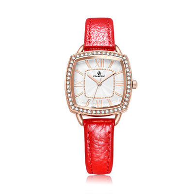 星皇(STARKING)星皇手表时尚简约潮流红色真皮表带女士石英手表镶钻四方形