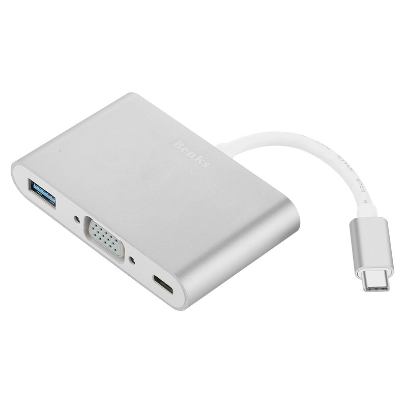 Benks Type-C转VGA转换器 苹果笔记本MacBook视频 VGA+USB3.0+TYPE-C转接头 银色,