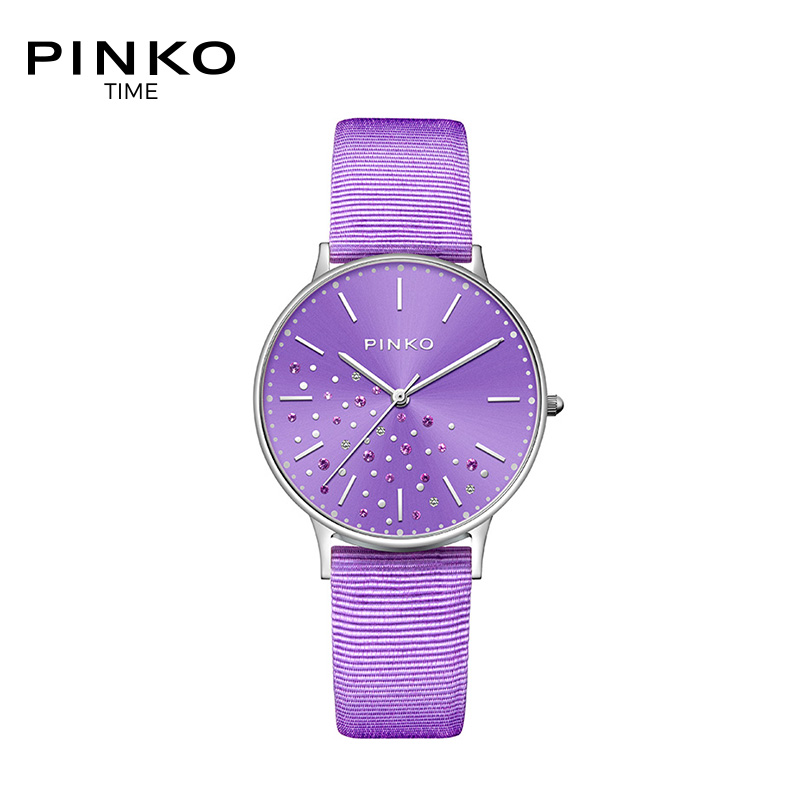 欧美品牌意大利进口Pinko简约时尚石英女表Nespolo系列紫色透气布面编织带