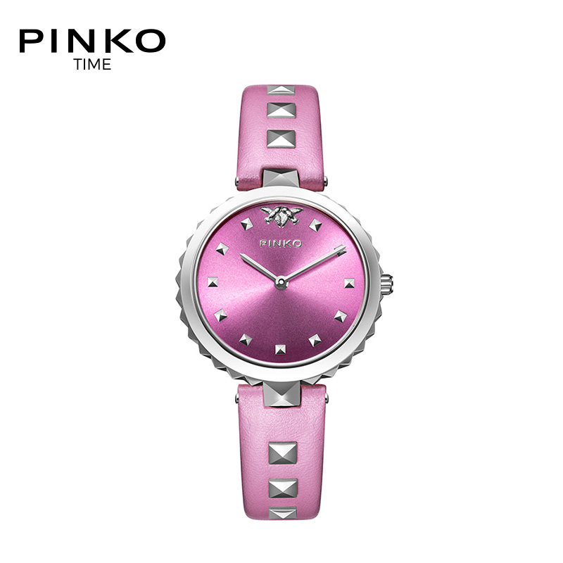 意大利进口PINKO手表 欧美品牌女士简约时尚石英表女Durian系列粉色进口牛皮表带
