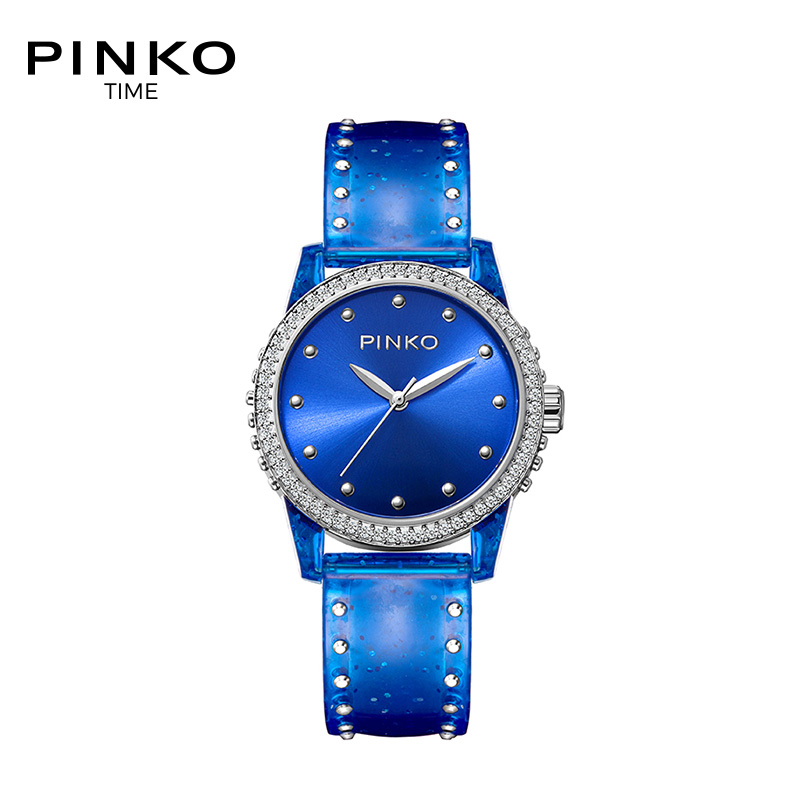 意大利进口PINKO手表 欧美品牌女士简约时尚石英表女Durian系列透明蓝色闪粉PU带