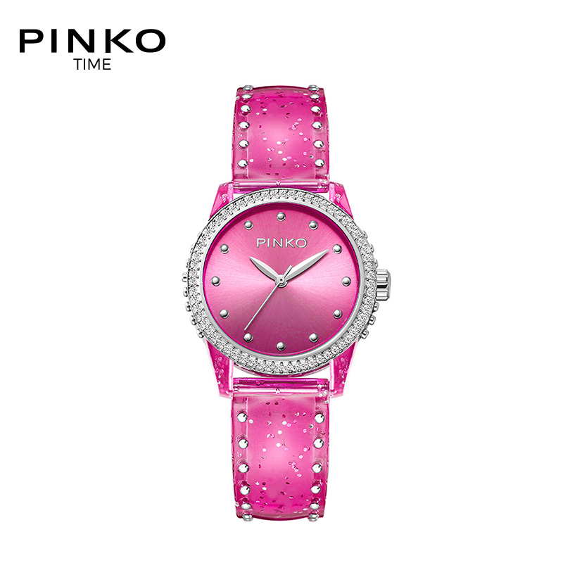 意大利进口PINKO手表 欧美品牌女士简约时尚石英表女Durian系列透明粉色闪粉PU带