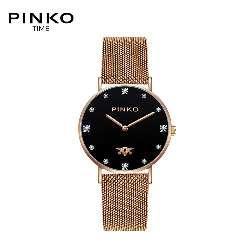 欧美品牌意大利进口Pinko女士时尚简约石英表炫酷黑超薄玫瑰金网织带