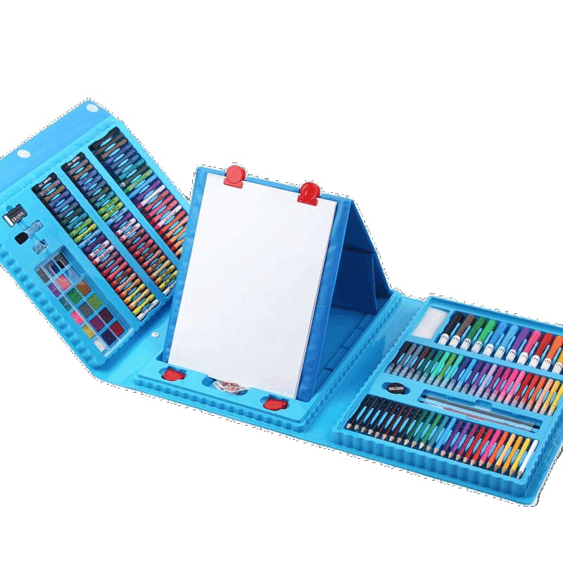 乐缔儿童绘画画笔套装工具208件套蓝色绘画笔小学生美术水彩笔蜡笔工具儿童画笔套装文具礼物礼盒