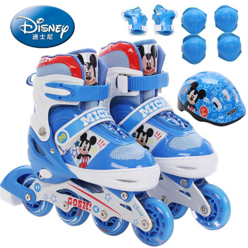 DISNEY/迪士尼溜冰鞋儿童全套装轮滑鞋男女可调闪光旱冰鞋 蓝色米奇 M码35-38