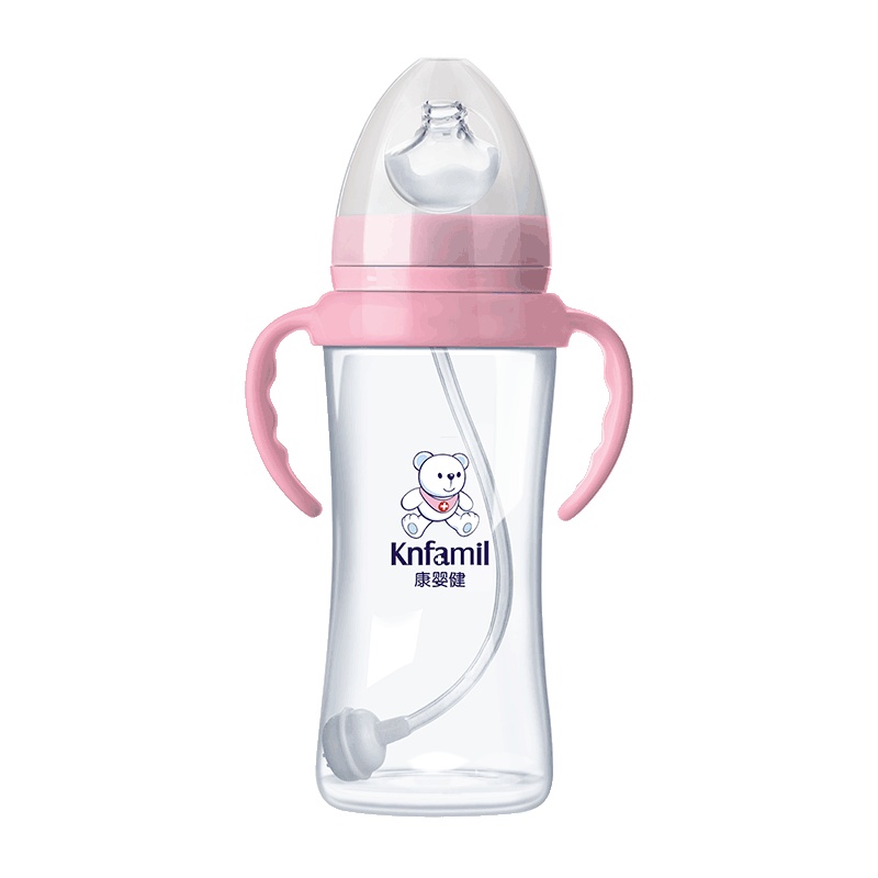 康婴健婴儿宽口径带手柄防胀气玻璃奶瓶200ml 新生儿宝宝自然顺畅防摔奶瓶 颜色随机发货