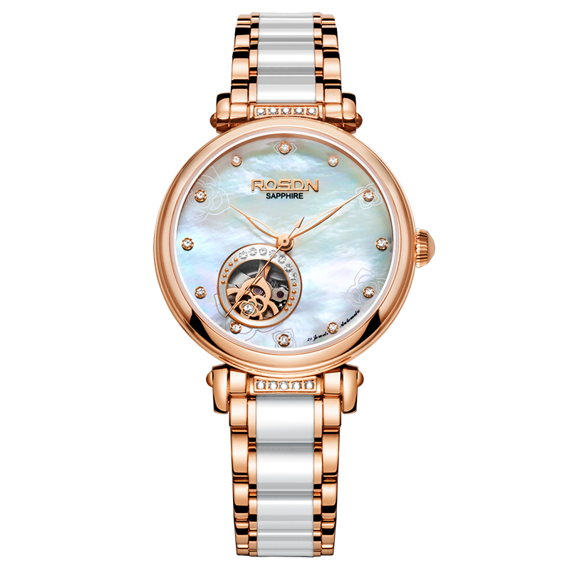 劳士顿(ROSDN)手表 机械镂空时尚钟表陶瓷女士手表