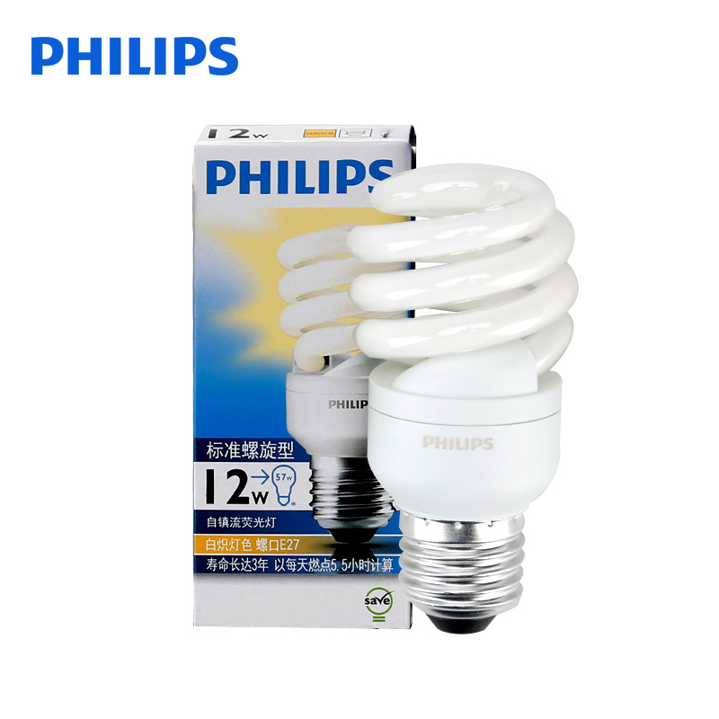 飞利浦(Philips) 12W E27 螺旋节能灯泡 6500K白光 48只 (单位:件)