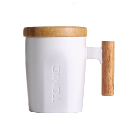 特美刻(TOMIC)马克杯 带盖咖啡杯子情侣陶瓷杯创意木柄牛奶杯水杯随手茶杯 TCL1329 黑色400ML