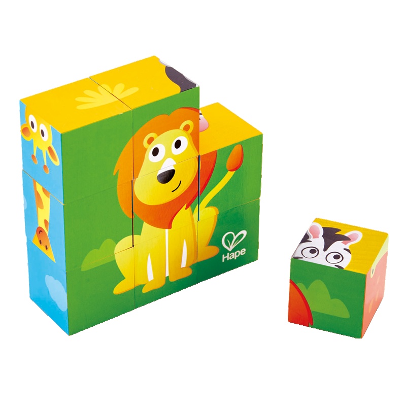 Hape三阶丛林动物9粒六面拼图2-6岁宝宝儿童玩具益智创意拼插积木拼图男孩女孩玩具