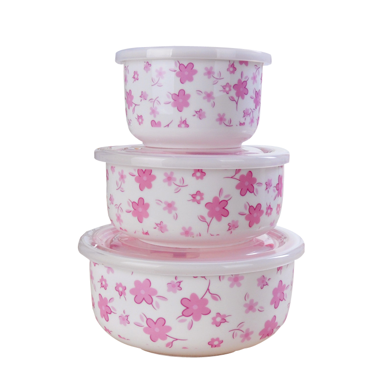 金禹瑞美(Remec)碗 温馨小花骨瓷保鲜碗三件套 3.5寸-6英寸保鲜碗 陶瓷碗 泡面碗 便当盒 礼盒装