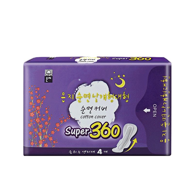 恩芝(Eunjee) 纯棉安全呵护 360超长夜用 (360mm/4P)韩国进口卫生巾 量大防侧漏 安心甜睡 单包装