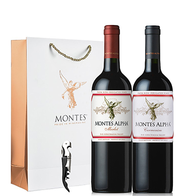 智利原瓶进口蒙特斯(Montes)红酒欧法系列双支礼袋装(梅洛、佳美娜) 750ml 2瓶