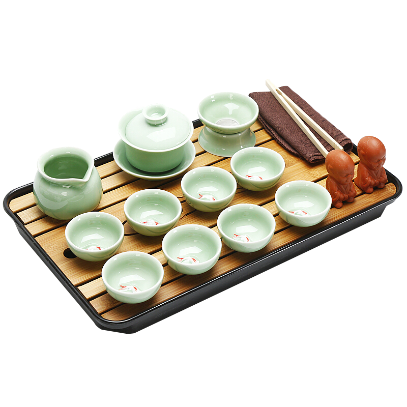 尚帝(shangdi)陶瓷功夫茶具套装德化整套茶具青瓷盖碗茶杯茶盘茶托竹 青瓷鱼戏茶盘套装
