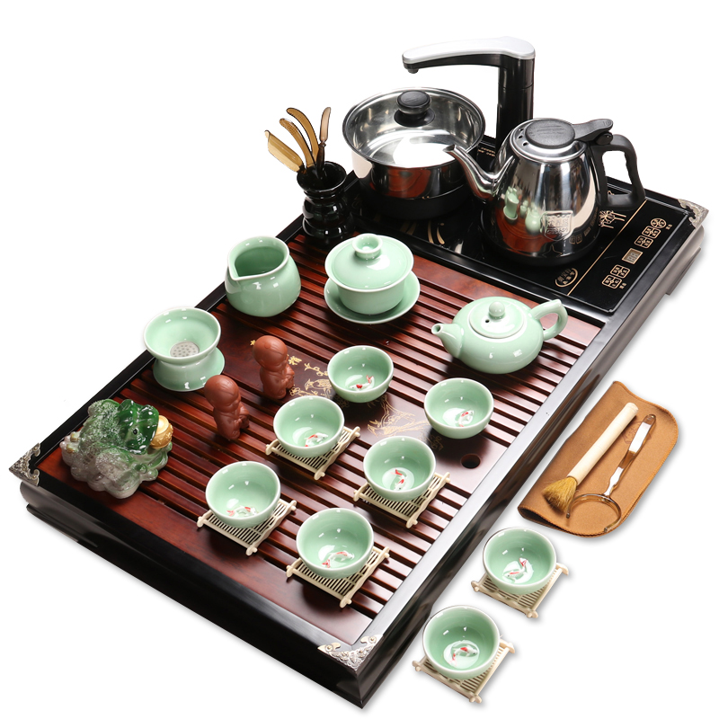 百鸿(Baihong) 整套功夫茶具套装陶瓷家用喝茶茶杯简约全自动电热炉实木茶盘 喜上枝头青瓷鱼戏套装