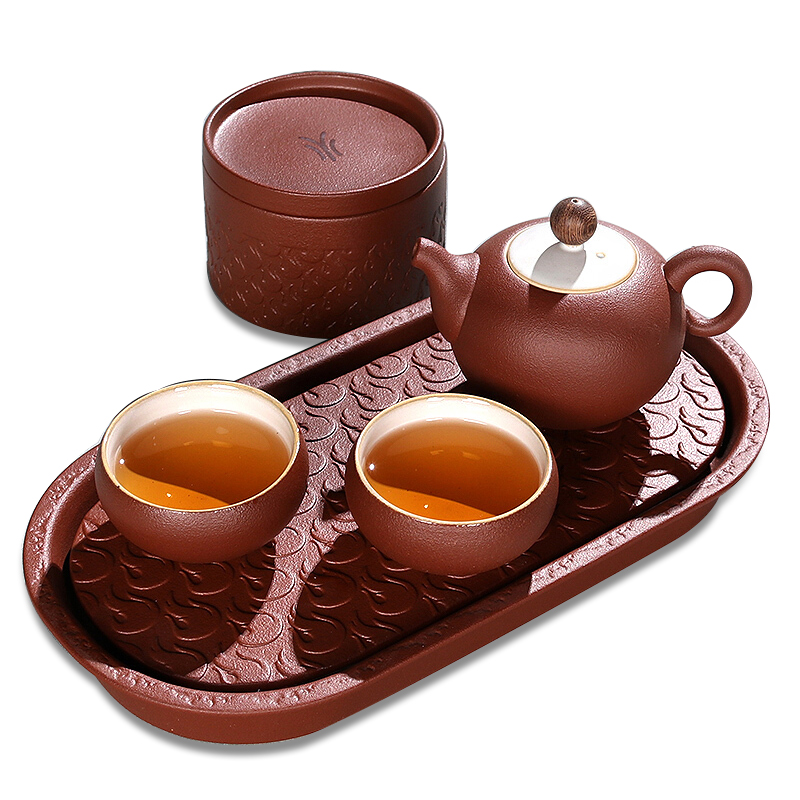 百鸿 日式粗陶五行快客杯整套茶具 一茶壶两杯茶叶罐带茶盘 创意便携旅行功夫茶具套装 火