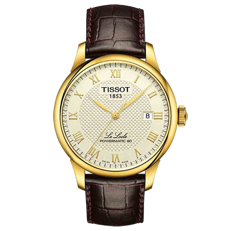 天梭(TISSOT) 男士力洛克系列手表 时尚休闲商务瑞士机械表男 皮表带金色