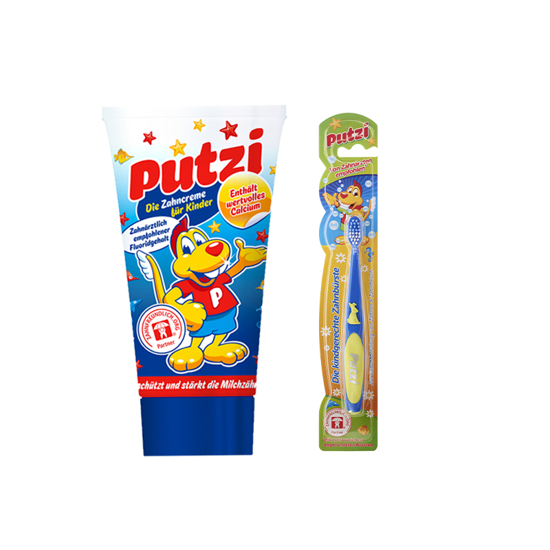 璞慈(Putzi)儿童加钙防蛀牙膏(低氟)50ml 德国原装进口+牙刷组套