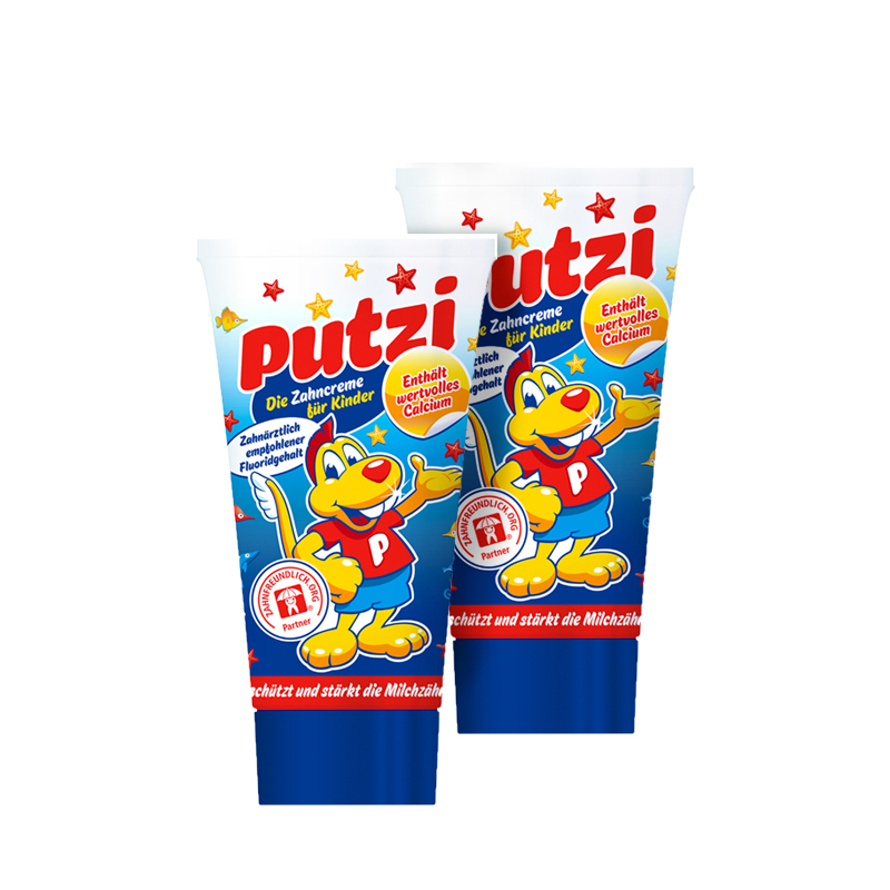 璞慈(Putzi)儿童可吞咽加钙牙膏防蛀牙加钙50ml(低氟)适用于9个月-7岁德国原装进口两只装