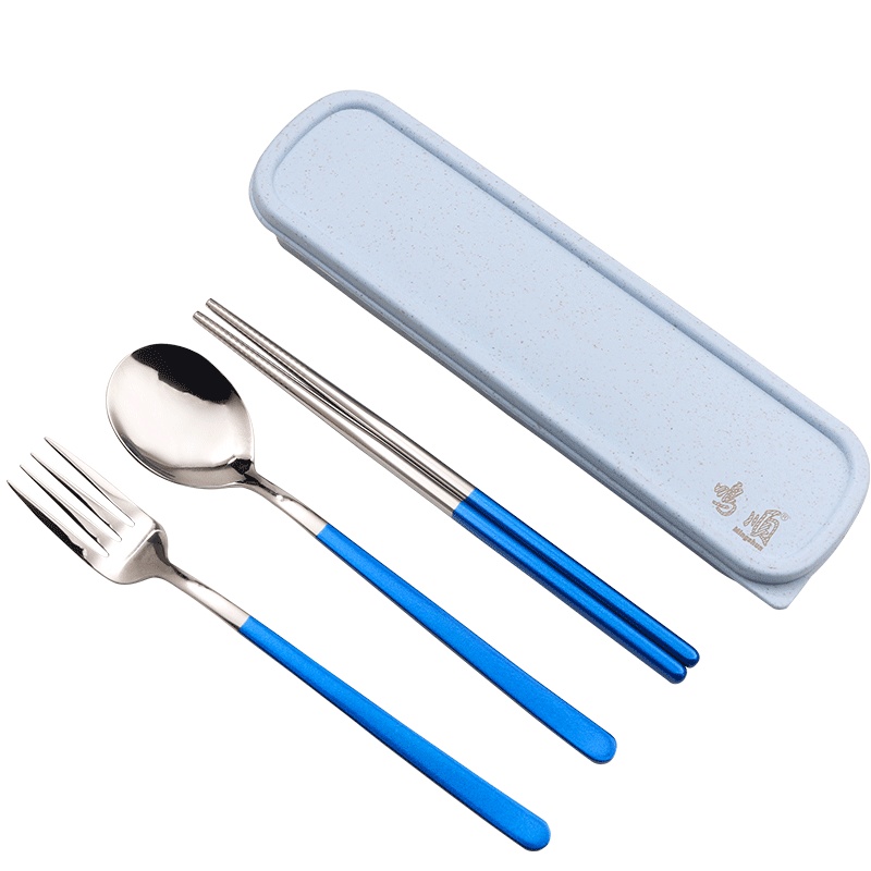鸣順(Mingshun)304不锈钢叉子便携餐具筷子勺子套装家用韩式三件套学生可爱筷盒 蓝色
