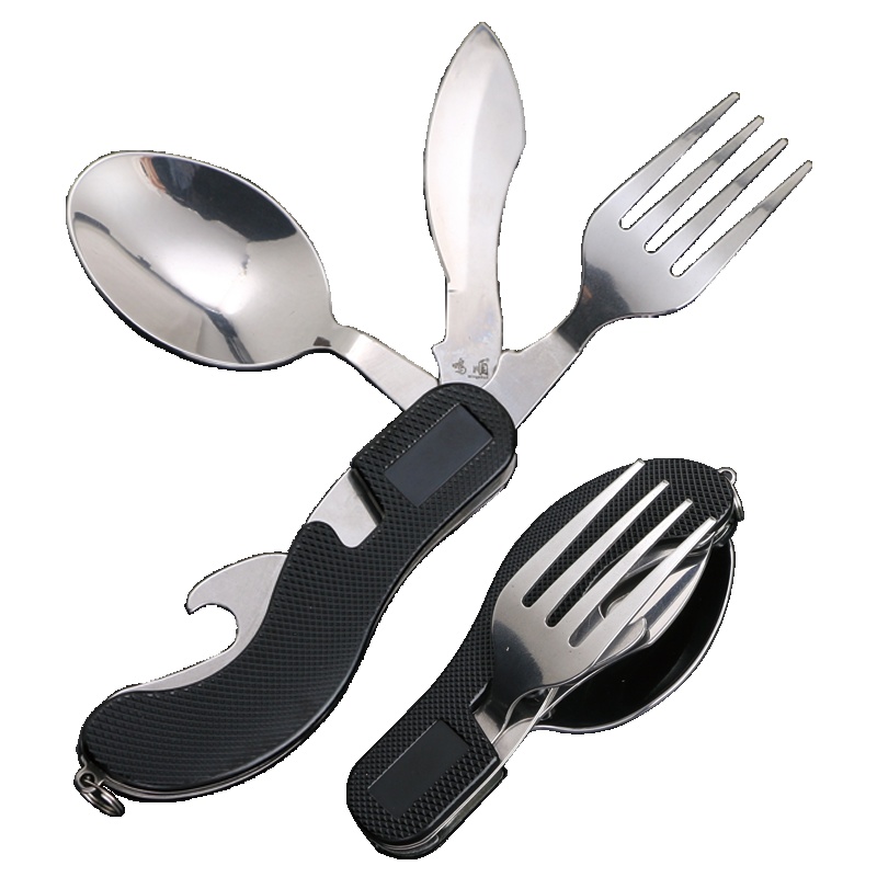 鸣順(Mingshun)便携餐具套装可折叠勺子刀叉创意户外旅行多功能不锈钢餐具成人用具 黑色