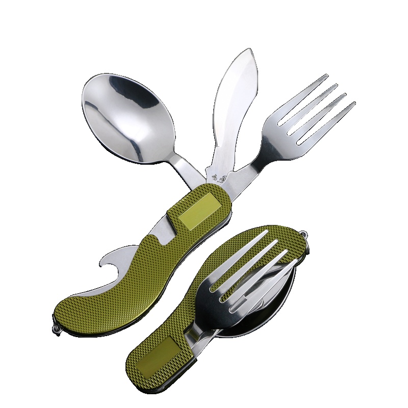 鸣順(Mingshun)多功能便携餐具套装勺子刀叉创意户外旅行不锈钢折叠餐具成人 绿色