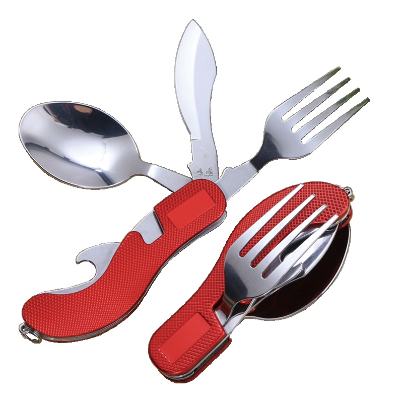 鸣順(Mingshun)家用多功能便携餐具套装成人折叠勺子刀叉户外旅行不锈钢餐具 红色